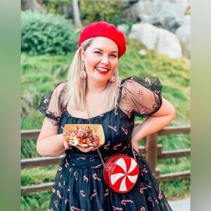 Unique Vintage Black Tulle Mini Dress with Candy Cane Print